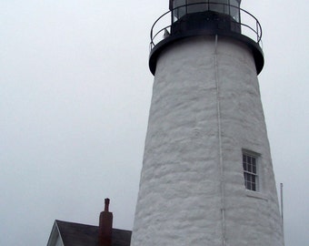 May include: A white lighthouse with a black roof and a white picket fence in front of it. The lighthouse is tall and has a small window on the side. The sky is gray and cloudy.