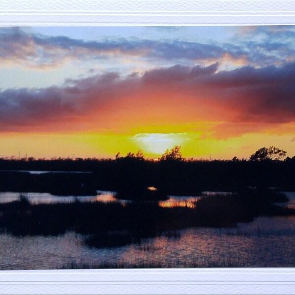 Orange sunset card, romantic card love note, North Carolina blank greeting card, Crystal Coast photo note card, Down-east miss you card