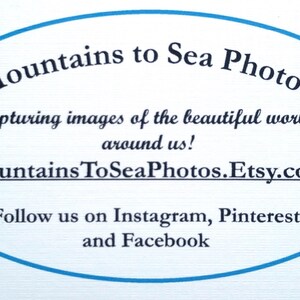 May include: Blue oval logo with the text "Mountains to Sea Photos" in a white circle. The text "Capturing images of the beautiful world around us!" is below the logo. The text "MountainsToSeaPhotos.Etsy.com" is below the text. The text "Follow us on Instagram, Pinterest and Facebook" is below the website address.