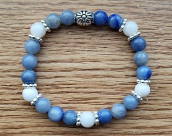 Blue and white beaded bracelet, blue aventurine and white moonstone, women's gift, upper chakras stretch bracelet