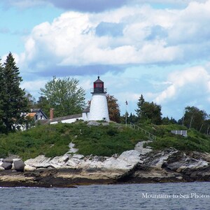May include: A white lighthouse with a red roof stands on a rocky island. The lighthouse is surrounded by trees and bushes. The sky is blue with white clouds.