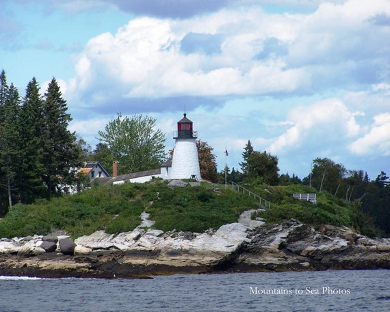 Maine coast lighthouse print, Burnt Island 8x10 landscape photo, Boothbay Harbor coastal wall art, housewarming gift, mantel decor