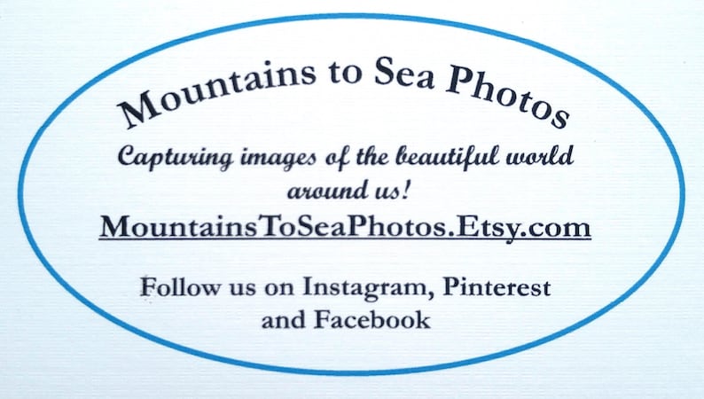 May include: Blue oval logo with the text "Mountains to Sea Photos" in a white circle. The text "Capturing images of the beautiful world around us!" is below the logo. The text "MountainsToSeaPhotos.Etsy.com" is below the text. The text "Follow us on Instagram, Pinterest and Facebook" is below the website address.