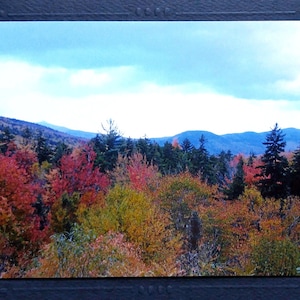 May include: A scenic view of a mountain range with a forest in the foreground. The trees are a mix of green, red, and yellow, indicating the changing seasons. The sky is a light blue with some clouds.