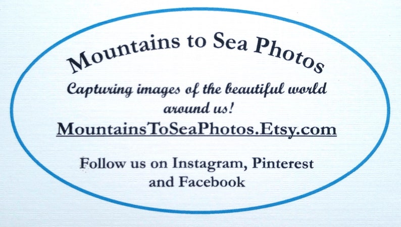 May include: Blue oval logo with the text "Mountains to Sea Photos" in a white circle. The text "Capturing images of the beautiful world around us!" is below the logo. The text "MountainsToSeaPhotos.Etsy.com" is below the text. The text "Follow us on Instagram, Pinterest and Facebook" is below the website address.