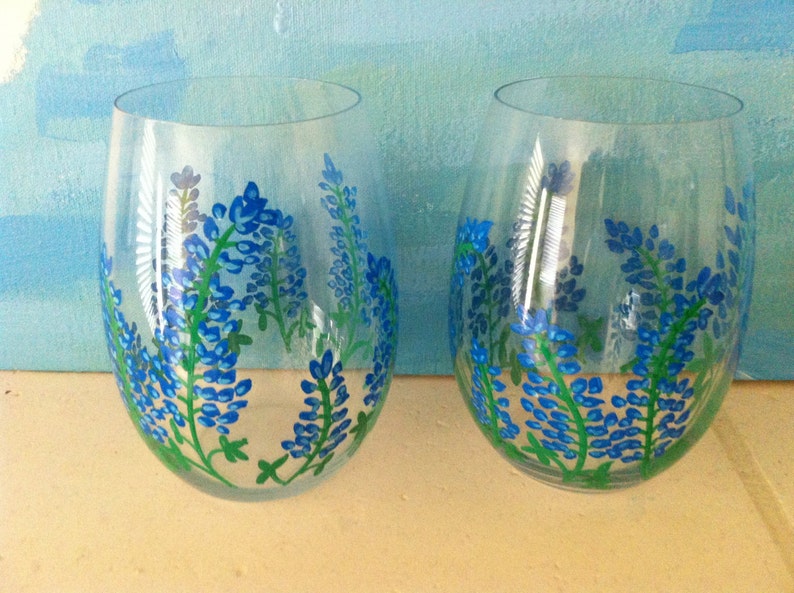 Hand Painted Texas Bluebonnet Stemless Wine Glasses set of 2