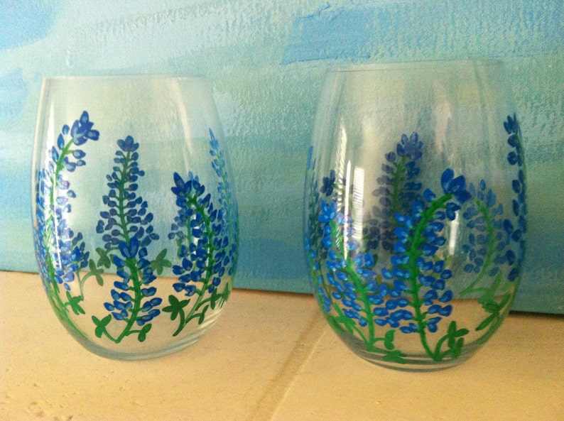Hand Painted Texas Bluebonnet Stemless Wine Glasses set of 2