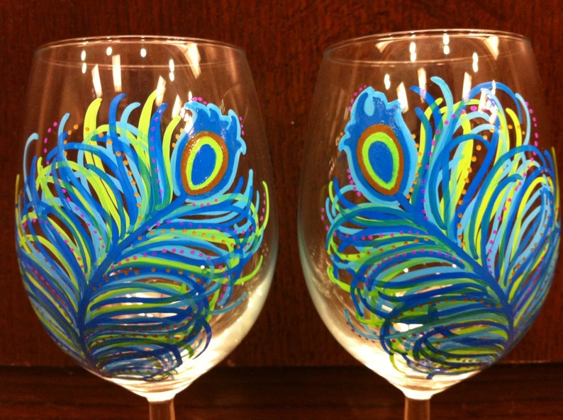 Hand Painted Peacock Feather Wine Glasses Set of 2 Etsy