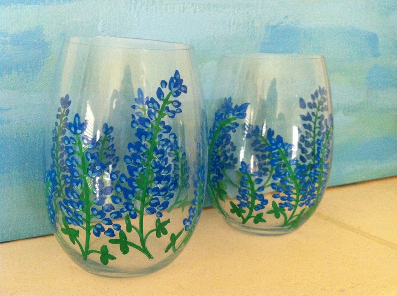 Hand Painted Texas Bluebonnet Stemless Wine Glasses set of 2