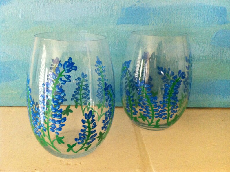 Hand Painted Texas Bluebonnet Stemless Wine Glasses set of 2