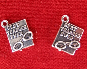5pc "Best teacher ever" charms in antique silver style (BC1069)