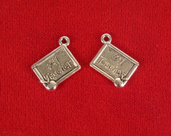 BULK! 15pc "#1 teacher" charms in antique silver style (BC561B)