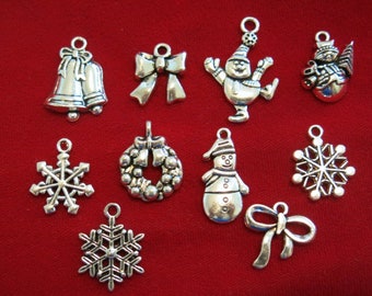 10pc set "Christmas" charms in antique silver style (BC834)