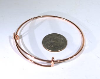 May include: A rose gold expandable bangle bracelet. The bracelet is shown next to a US quarter for size reference.