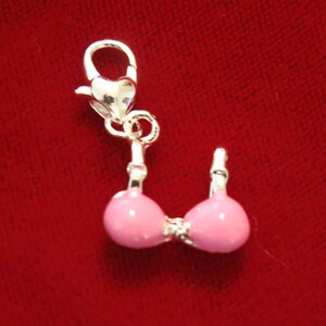 May include: A silver-toned metal charm in the shape of a pink bra with two cups and thin straps. The charm features a heart-shaped lobster clasp at the top, allowing it to be attached to jewelry or accessories. The design is simple and metallic.