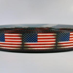 May include: A round, black object with a repeating pattern of the American flag. The flag design features red and white stripes with a blue field of white stars. The object is likely a decorative item or accessory.