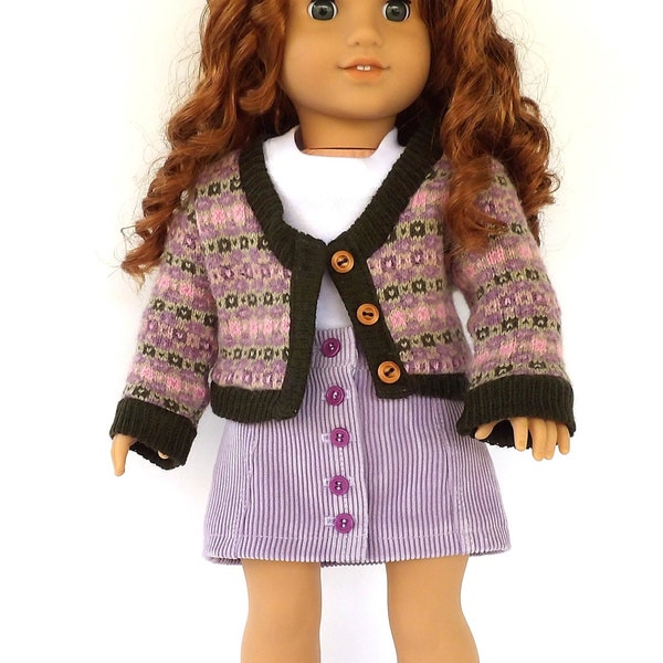 Katydid Crossing 3-piece Corduroy Skirt, Tee, and Cardigan will fit American Girl, My Life, My Imagination and Similar 18 Inch Dolls