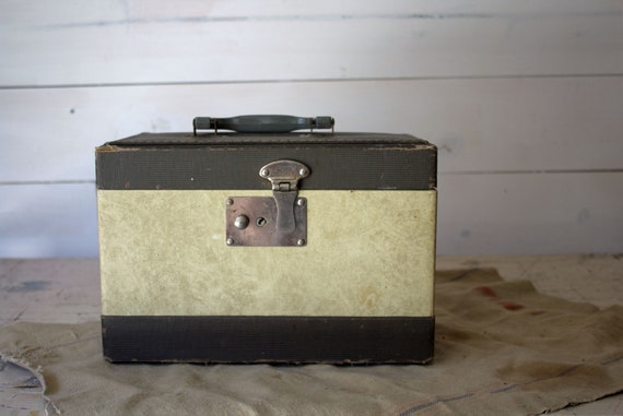 Vintage Train Case, Green and White Striped Vintag
