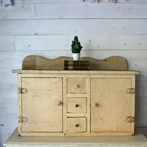 Large Primitive Handmade Wood and Metal Cupboard, Antique Primitive Beige Cupboard, Light Yellow Primitive Wood and Metal Cupboard
