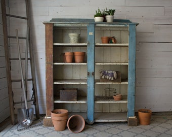 Large Chippy Blue Primitive Cupboard, Early American Blue Primitive Cupboard Shelf, Antique Handmade Cupboard, Chippy Blue and Brown Shelf