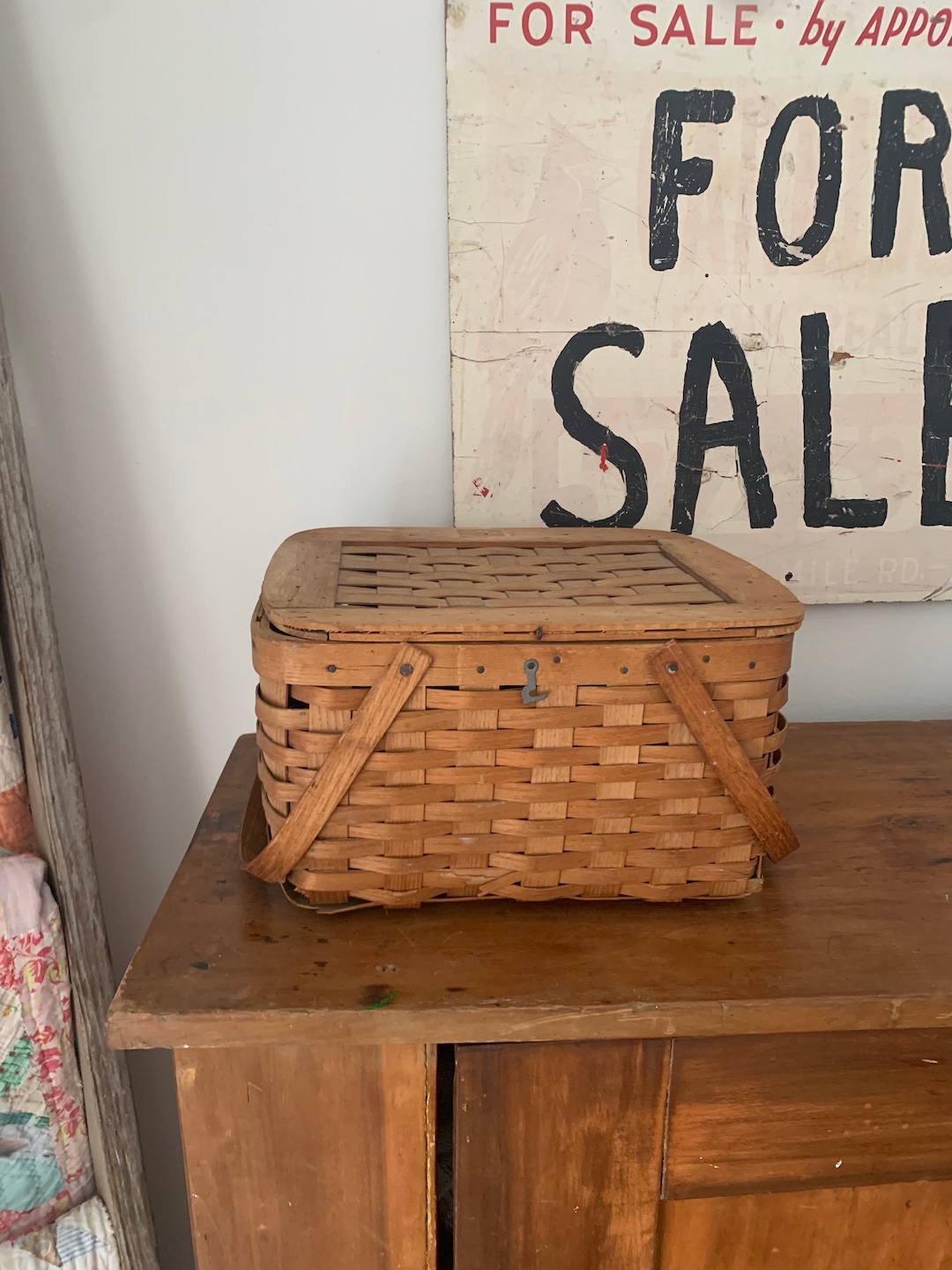 Vintage Picnic Basket, Large Wooden Picnic Basket, Home Decor Basket