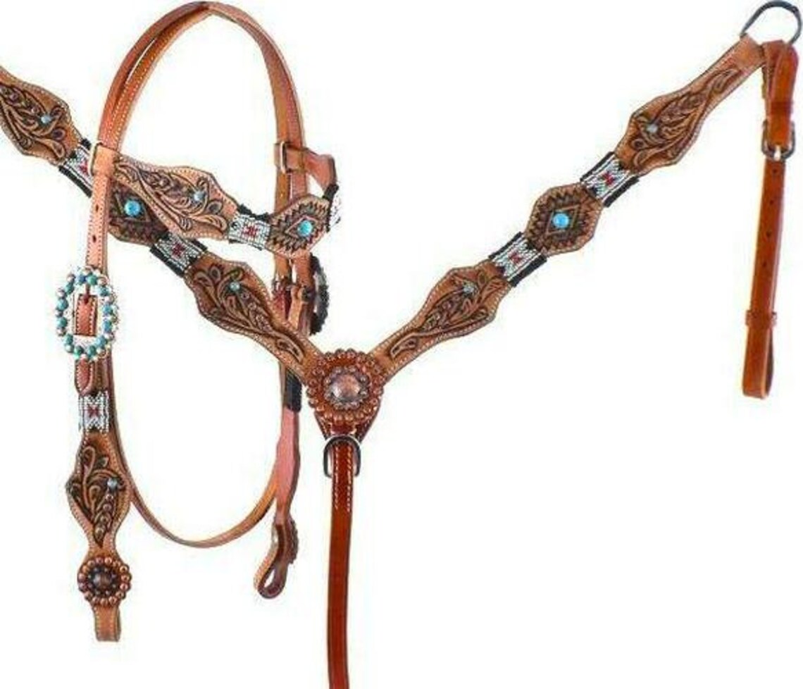 Western Horse Tooled Leather Tack Set W/ Hand Beaded Bridle Etsy