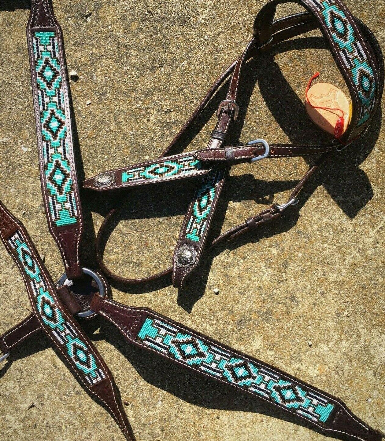 Tack Set Bridle Breast Collar Western Horse Turquoise Beaded Dark Leather 3pc 
