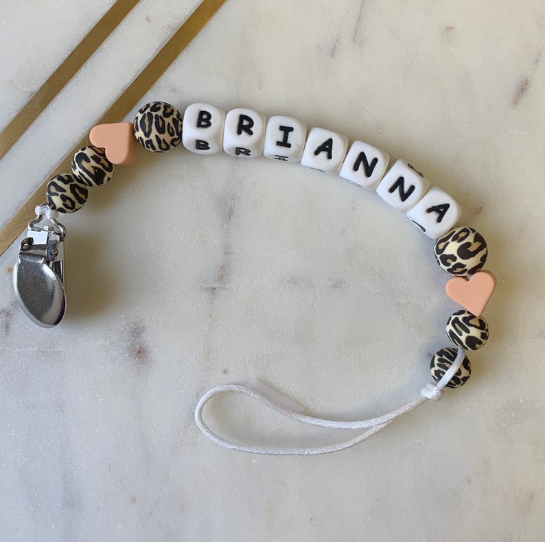 Personalized Pacifier Clip Leopard Pink Heart for Baby Girl or B Personalized Pacifier Clip Leopard Pink Heart for Baby Girl or B