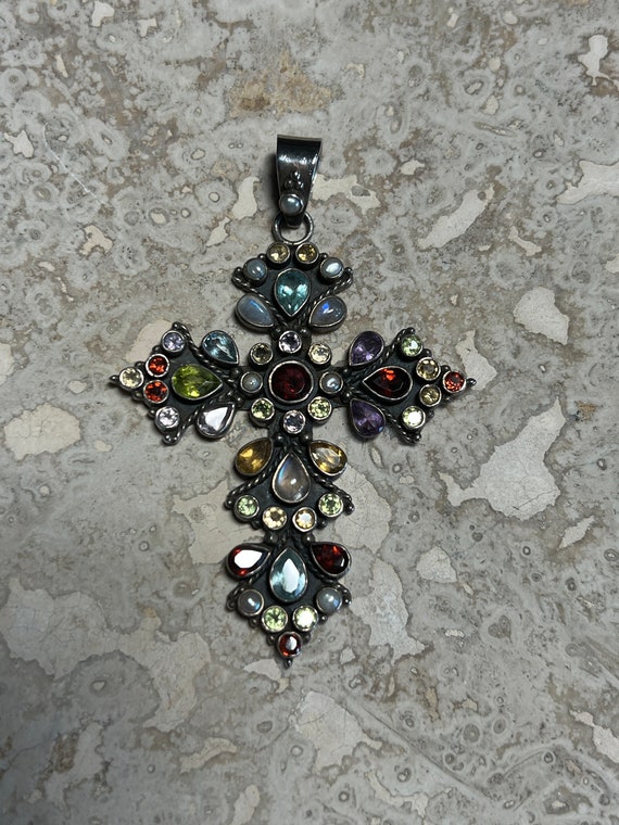 Multi Gem Sterling Silver Cross