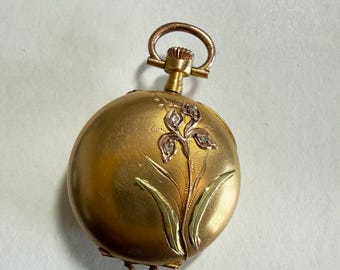 Vintage 18k Yellow Gold Ladies Pocket Watch with Iris