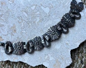 Vintage Mexican Sterling Silver Handmade Link Bracelet Floral Theme