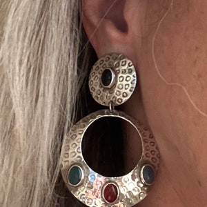 Vintage Mexican Sterling Silver Handmade Drop Hoop Earrings.