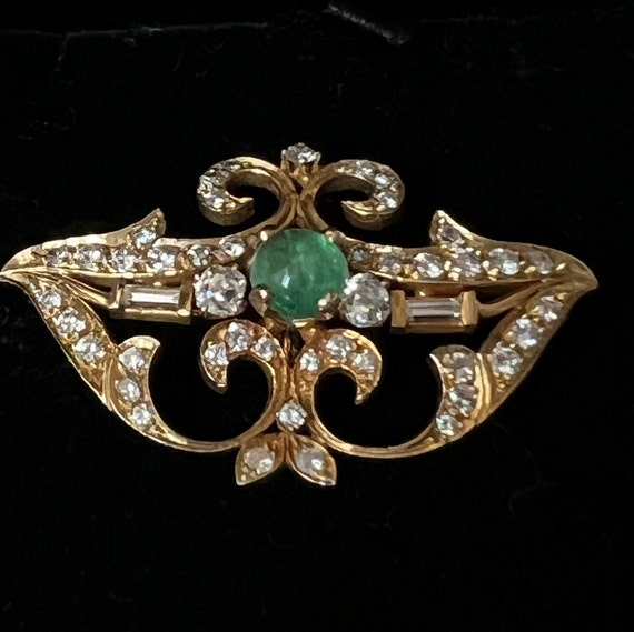 Vintage Handmade 14k Gold Emerald and Diamond Bro… - image 1