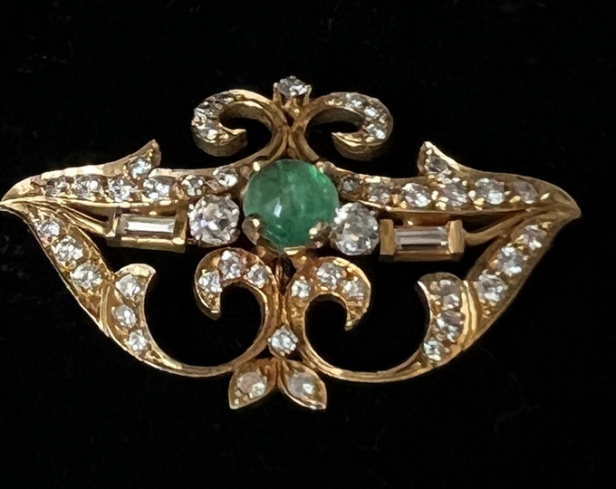 Vintage Handmade 14k Gold Emerald and Diamond Brooch