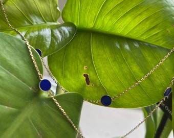 14k Yellow Gold Station Necklace with 10 Lapis Discs