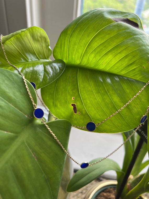 14k Yellow Gold Station Necklace with 10 Lapis Di… - image 1