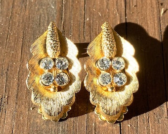 Vintage Gold-Tone Leaf With Clear Rhinestones Clip-On Earrings