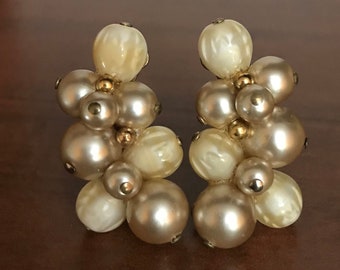 Vintage Trifari Crescent Shaped Creme Colored Beaded Clip Earrings