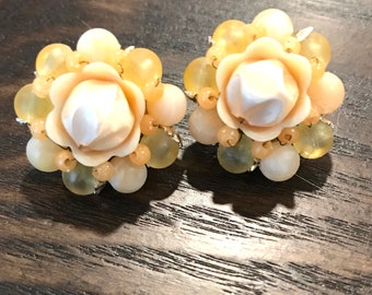 Vintage Soft Peach Bead Clip On Earrings Made In Japan