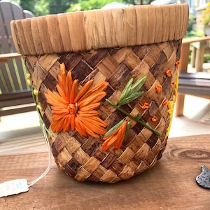 Vintage Handmade Straw And Rafia Jamacia Cylinder Basket