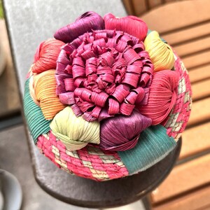 Vintage Colorful Handmade Straw And Rafia Trinket Box With Lid