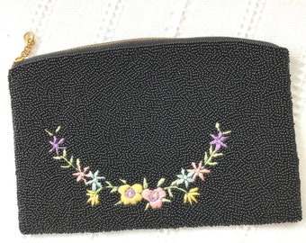 Vintage Black Seed Beaded Evening Bag With Embroidered Floral Design Handbag