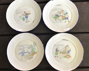 Vintage Set Of 4 Enamel And Metal Children's Nursery Rhymes Plates