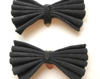 Vintage Suede Like Black Fanned Out Bows Shoe Clips