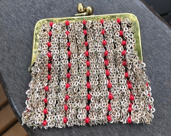 Vintage Gold Chain Maille Mesh With Red Beads Coin Purse