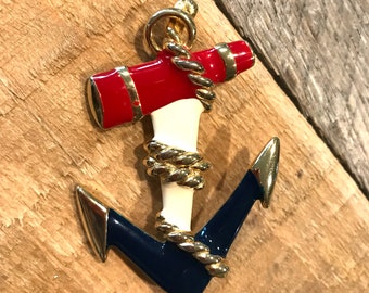 Vintage esmalte rojo blanco y azul náutico ancla broche / pin