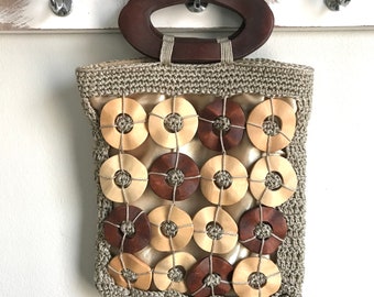 Vintage Tan Macrame Crochet Handbag With Wood Accents And  Wood Handles