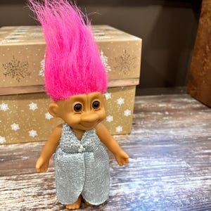 Vintage Dam Hot Pink Hair Troll Wearing &quot;Hooked On Hockey&quot; Sweatshirt