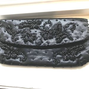 Vintage Black Beaded Clutch Evening Bag Hand Made In Hong Kong