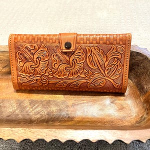 Cartera de tres pliegues vintage para mujer con diseño de caramelo mexicano, hecha a mano